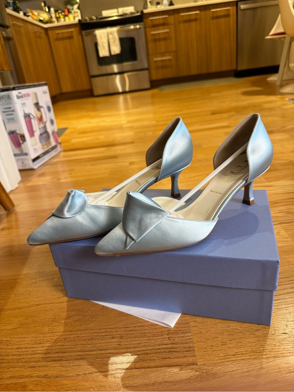 Something Bleu Bridal Light Blue Satin Pointed D'Orsay Heels with Bow Accent